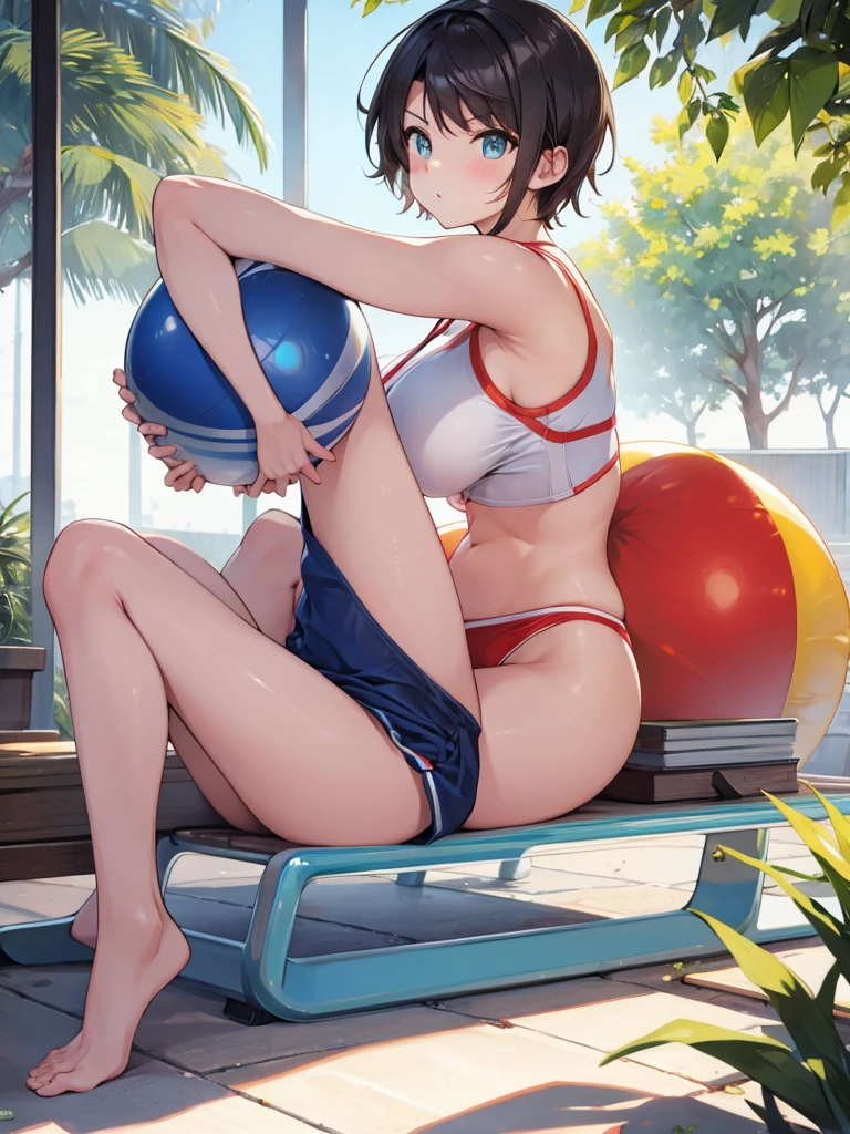 Sit on a big ball、tomboy、girl、stretch、Big Breasts、Swimwear
