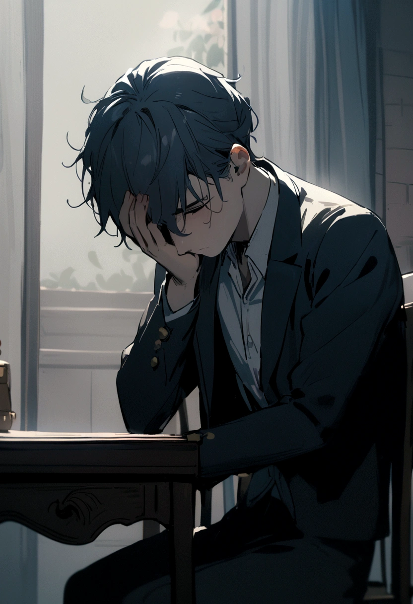 A boy sitt on chair with sadness 