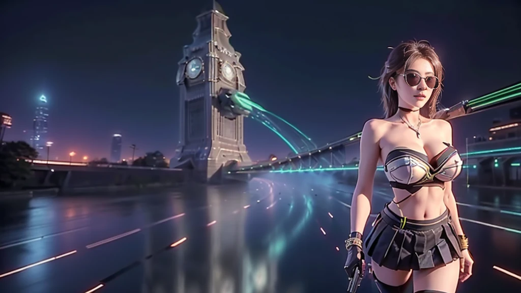 (aerial view). at night, futuristic sci-fi cyberpunk city, broad viaduct, skyscrapers at the end of the viaduct, the movie "13th Floor" style, (((((voltex-spirit-spreading giant clock tower as time machine))))), hq. Matrix style, at night, (1girl, solo), photo realistic, (large-breast:1.2 slim body, cleavage:1.3), (((tube top, extreamly short pleated (((miniskirt)))))), (((((matrix style black sunglasses))))), (((((aiming at camera with a (short:0.8 pistol)))))), (((half-body (thigh level) medium shot))), (cinematic lighting).