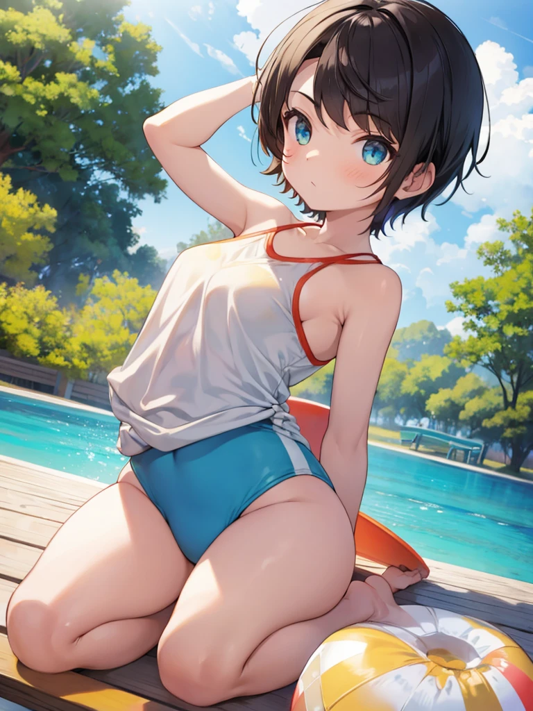 Sit on a big ball、tomboy、girl、stretch、Swimwear