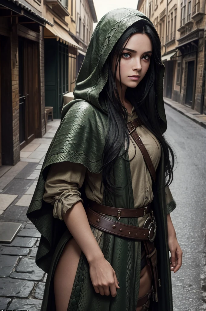 ((best quality)), ((masterpiece)), (detailed), ((normal anatomy)), beautiful eye detail, perfect face, high detail, charismatic, full body, realistic, cinematic lighting, defined body, super detail, high realism, medieval fantasy setting, a pretty young snake girl in street urchin clothes, dirty soot covered face, large green nictating eyes with vertical pupils, long black hair under a brown hood, standing outdoors in a medieval city, hint of green snake scales at her jawline