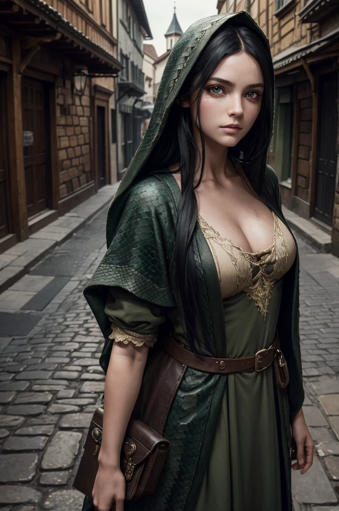 ((best quality)), ((masterpiece)), (detailed), ((normal anatomy)), beautiful eye detail, perfect face, high detail, charismatic, full body, realistic, cinematic lighting, defined body, super detail, high realism, medieval fantasy setting, a pretty young snake girl in street urchin clothes, dirty soot covered face, large green nictating eyes with vertical pupils, long black hair under a brown hood, standing outdoors in a medieval city, hint of green snake scales at her jawline