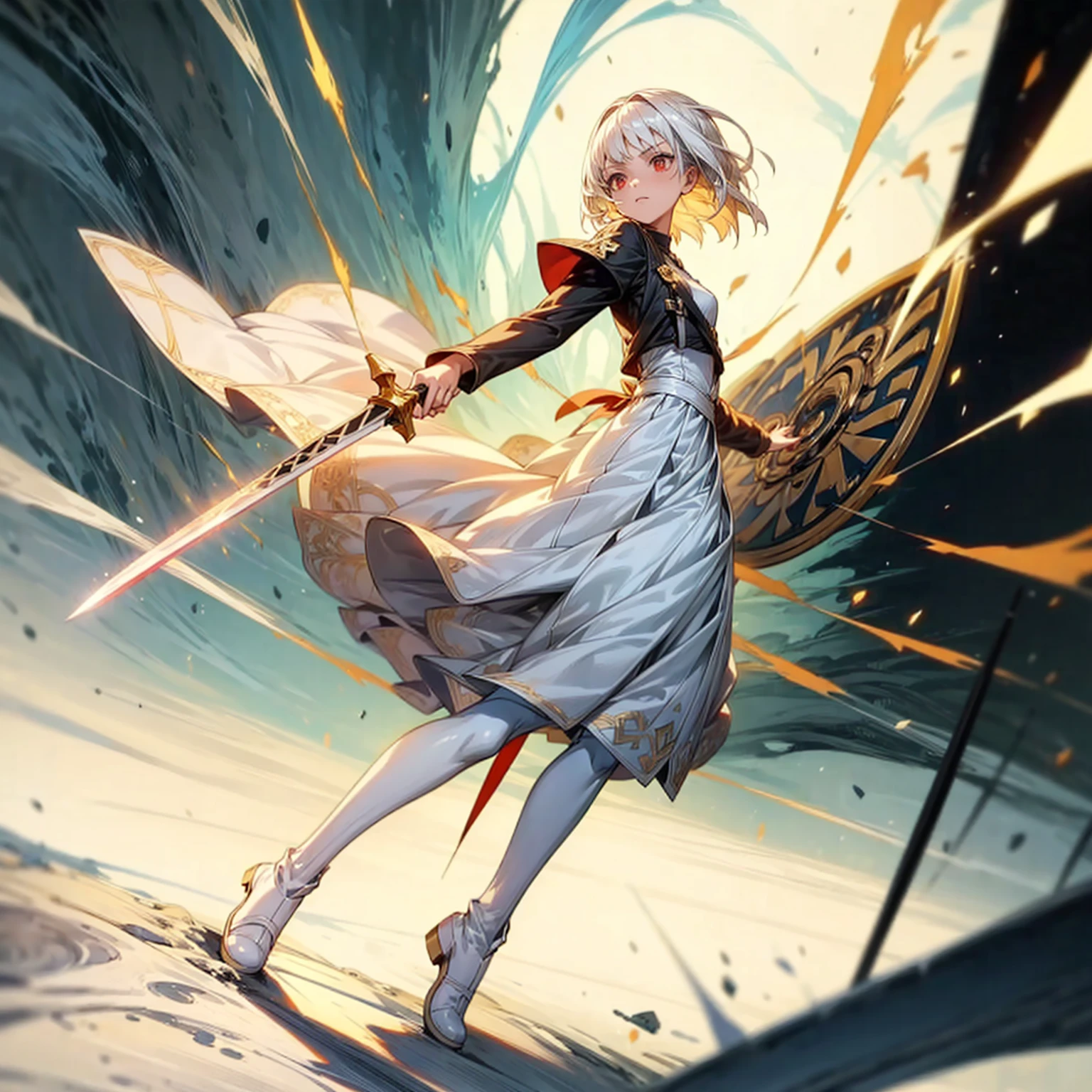 1girl, Full body version, 1character, light red eyes color, white skin, short hairstyle, white colour hair, templar knight silver style clothing, Long skirt, long socks, long boots, (gold knife in hand), gold Shield in hand, full background, Grassroots background in village, motion blur, shadow, battle gesture, smoke effect, lighting effect, lighting knife, aura, plasma effect, (attack on Titan style art)
