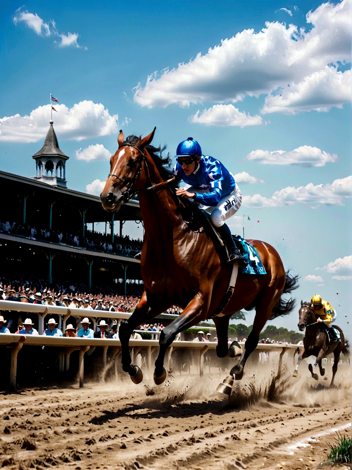 A vivid, dynamic scene of a powerful racehorse, with a sleek chestnut coat and long, flowing black mane, soaring towards the finish line at a realistic version of the Belmont Park racetrack. The crowd in the stands is a blur of color and motion, their cheers seemingly audible. The jockey, an athletic Asian woman dressed in vibrant blue and gold silks, leans forward, urging her magnificent steed on towards victory. Behind them, the other horses and jockeys try to catch up, dust rising from the thundering hooves hitting the track. The sky above is a radiant blue, dotted with fluffy white clouds.