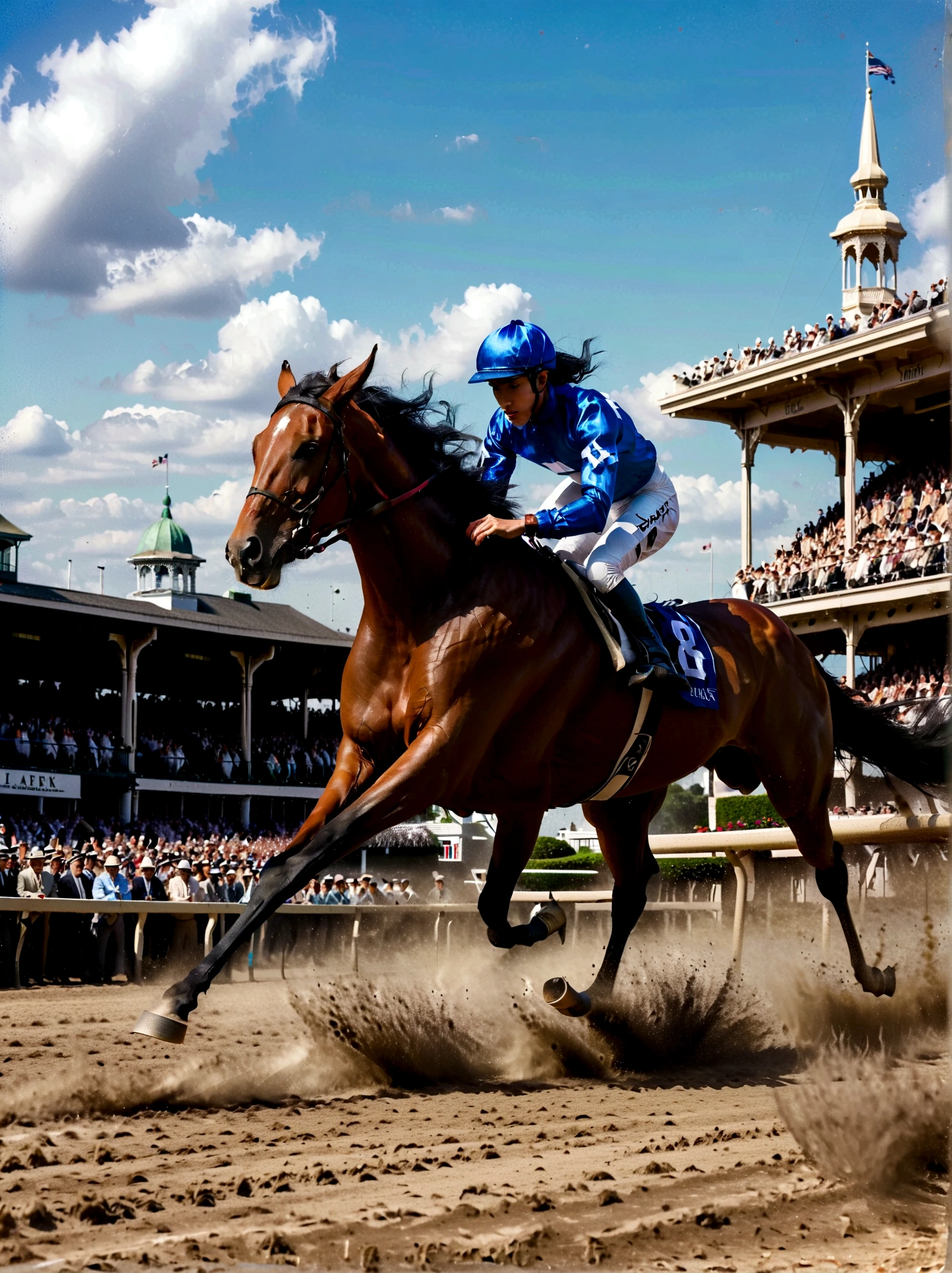 A vivid, dynamic scene of a powerful racehorse, with a sleek chestnut coat and long, flowing black mane, soaring towards the finish line at a realistic version of the Belmont Park racetrack. The crowd in the stands is a blur of color and motion, their cheers seemingly audible. The jockey, an athletic Asian woman dressed in vibrant blue and gold silks, leans forward, urging her magnificent steed on towards victory. Behind them, the other horses and jockeys try to catch up, dust rising from the thundering hooves hitting the track. The sky above is a radiant blue, dotted with fluffy white clouds.