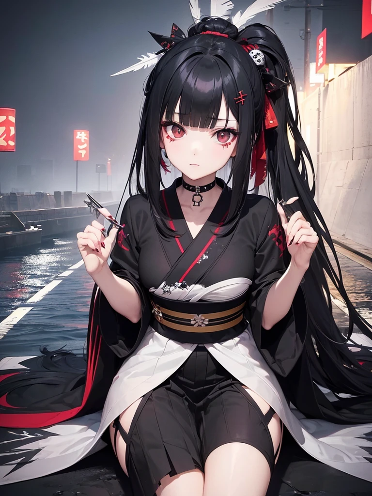 Black Hair、Black Feather、Gothic punk dress、Legs sticking out, Crossing your legs、anime zombie witch design, Crossbones, Streetwear Design, Provector, Horror Style, Full Design, Only 6 colors, Solid Colors, No Shadow, Full Design, Stickers, Bright colors, White Background.Ultra-fine illustrations,(((Beautiful fine hair))),(((Beautiful Faces))),(((Beautiful background))),(((Beautiful fine hair))),(((Beautiful Faces))),(((Beautiful background)))、Black Hair、Blunt bangs,Undershot,yukata,Tanabata,River side