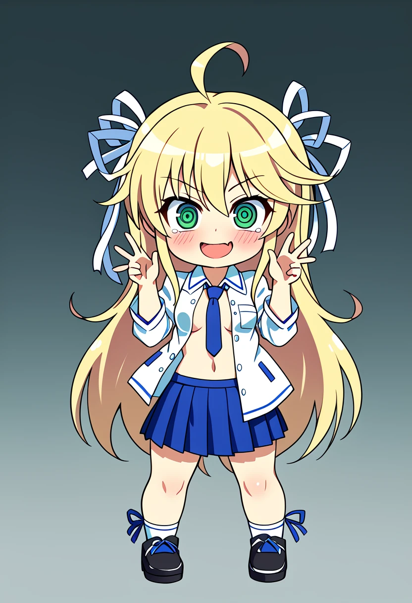 masterpiece, ((sharp expressive eyes)), (((high quality))) 1 girl, senran kagura style, katsuragi, blonde hair, open shirt, standing up, blue dual side hairribbons, blue tie, blue skirt, smiling, wide legs, green eyes, chibi