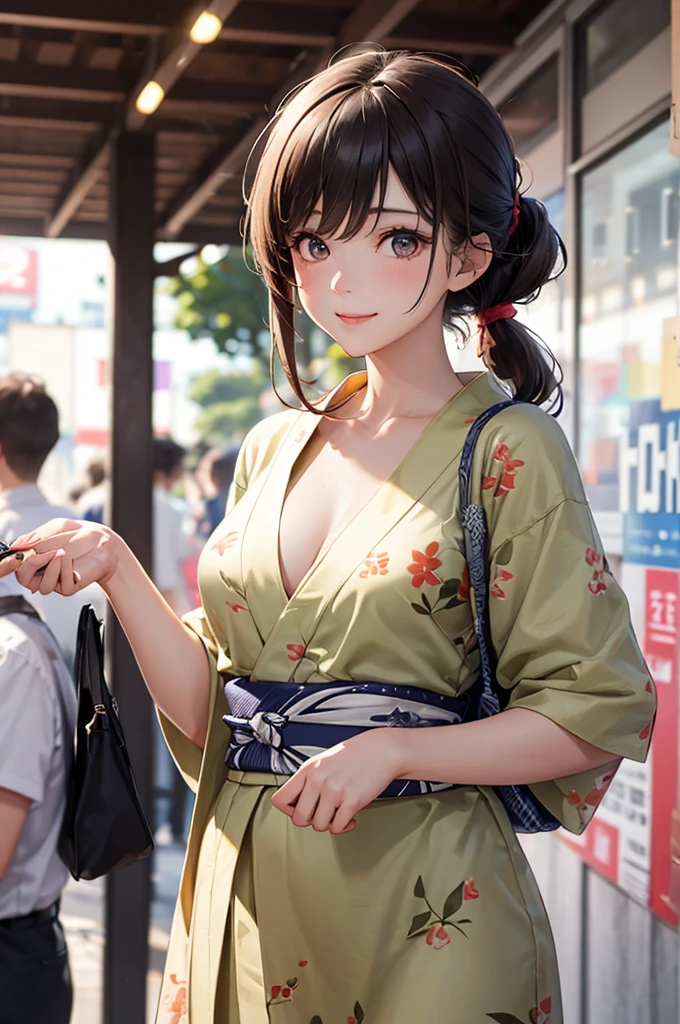 (Best Quality,High resolution,8K,finelity detailed background,Masterpiece:1.2),beautiful girl,Shiny khaki hair,pony tail,Khaki Eyes,Gentle look,A refreshing look,Best quality,Best Quality,Aesthetic and aesthetic:1.2,Best details((Super detailed))(High-definition CG illustrations),yukata,Slender body,buzzer,evening,Festival,Firework Display,fan,Nightclub,open air,smile,blush,cute,Scrounge,Looking up,Being spoiled,super model,shoot from below