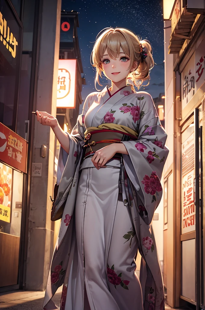 (Best Quality,High resolution,8K,finelity detailed background,Masterpiece:1.2),beautiful girl,Shiny khaki hair,pony tail,Khaki Eyes,Gentle look,A refreshing look,Best quality,Best Quality,Aesthetic and aesthetic:1.2,Best details((Super detailed))(High-definition CG illustrations),yukata,Slender body,buzzer,evening,Festival,Firework Display,fan,Nightclub,open air,smile,blush,cute,Scrounge,Looking up,Being spoiled,super model,shoot from below