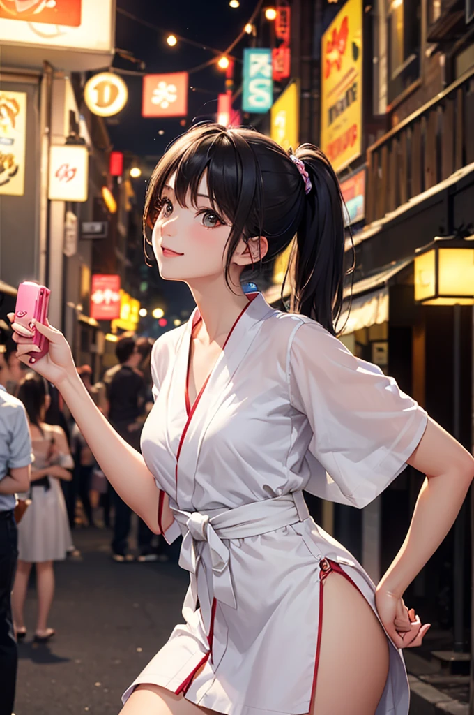 (Best Quality,High resolution,8K,finelity detailed background,Masterpiece:1.2),beautiful girl,Shiny khaki hair,pony tail,Khaki Eyes,Gentle look,A refreshing look,Best quality,Best Quality,Aesthetic and aesthetic:1.2,Best details((Super detailed))(High-definition CG illustrations),yukata,Slender body,buzzer,evening,Festival,Firework Display,fan,Nightclub,open air,smile,blush,cute,Scrounge,Looking up,Being spoiled,super model,shoot from below