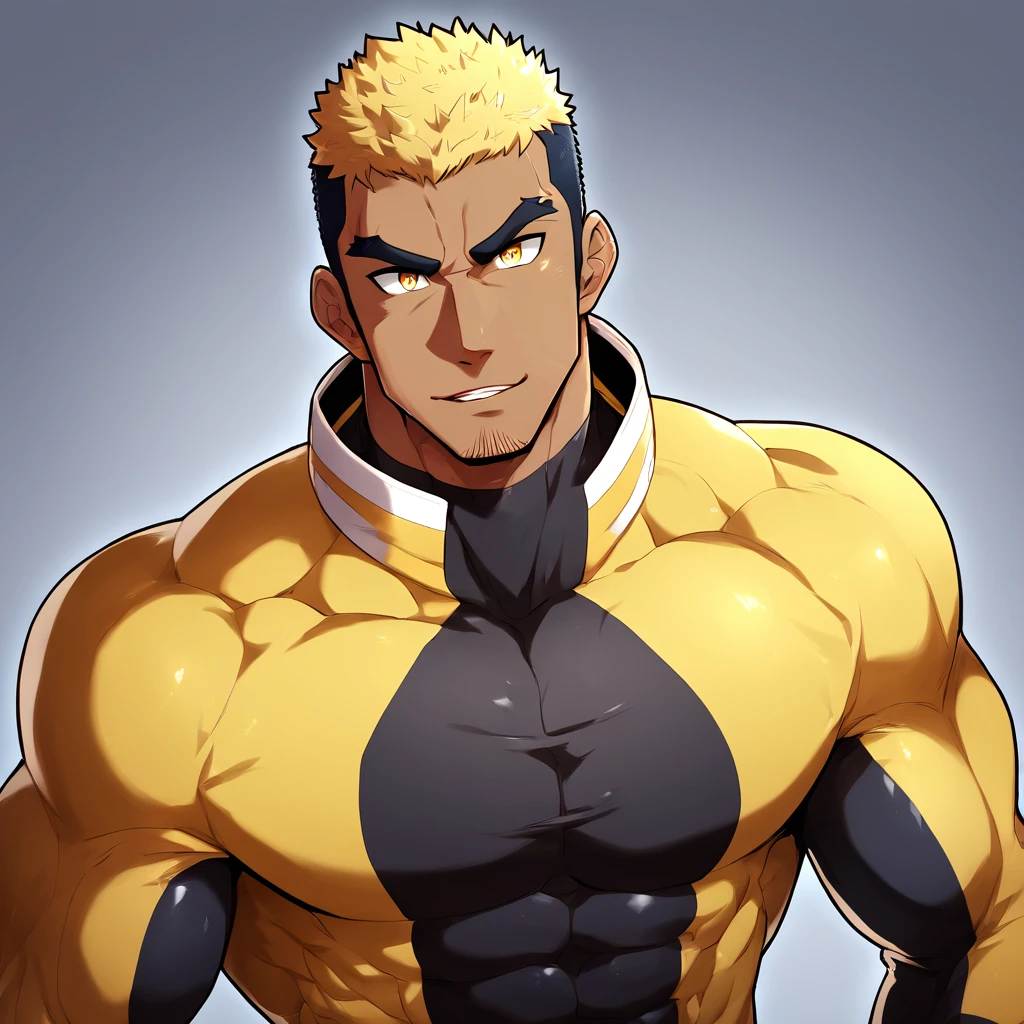 anime characters：Gyee, Muscle Sports Student, negro black skin, 1 dark skin muscular tough guy, Manliness, male focus, Light yellow high collar long sleeve tight T-shirt, Slightly transparent material, Very tight, Round, full and perky chest muscles, Slightly transparent, muscular male, muscular, only, Upper body, alone, Black short hair, Thick eyebrows, stubble, Yellow eyes, Grey background, simple background, amazing quality, best aesthetics, Ridiculous, bright pupils, crew cut, parted lips, seductive smile, torogao, naughty face, drop shadow, best quality