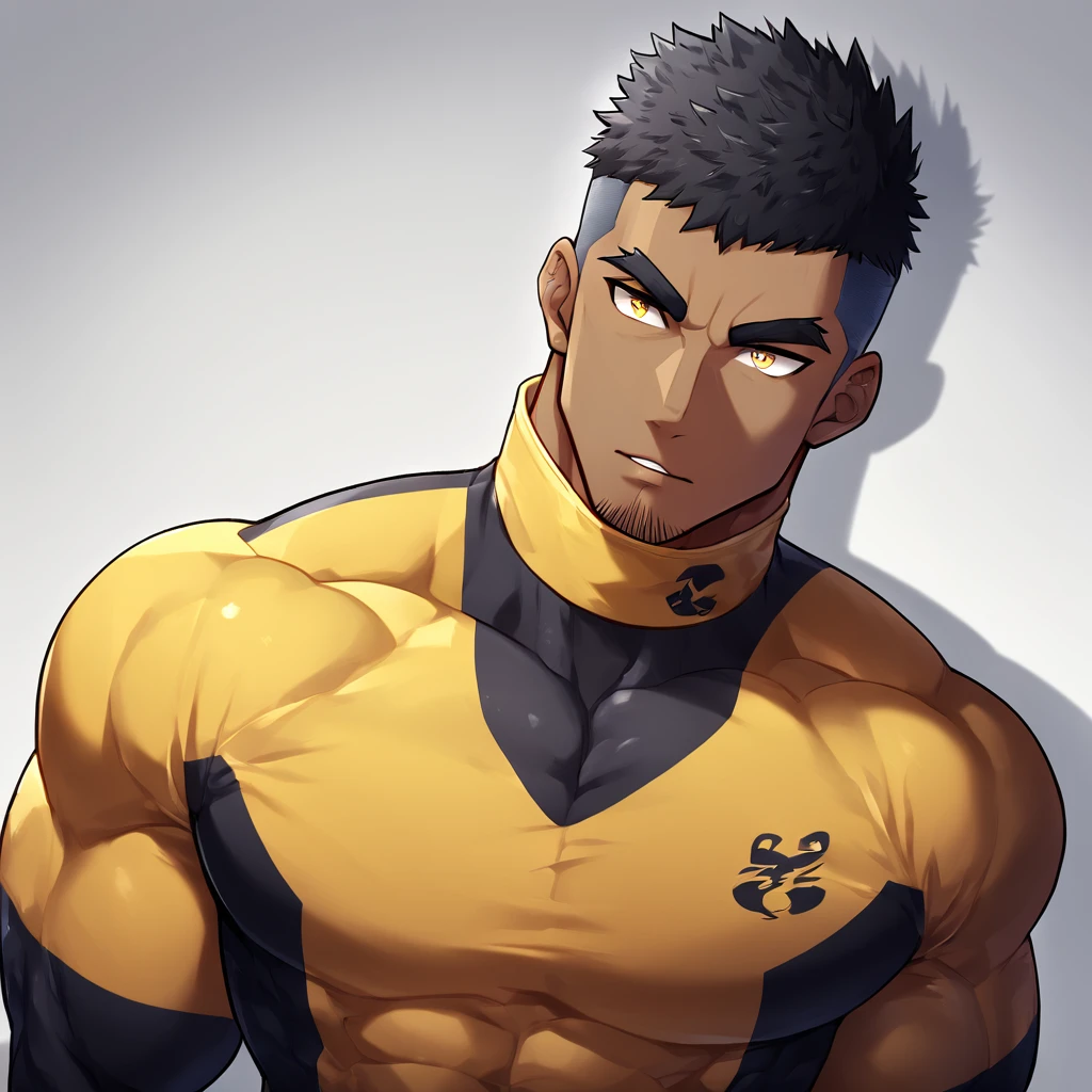 anime characters:Gyee, Muscle Sports Student, negro black skin, 1 dark skin muscular tough guy, Manliness, male focus, Light yellow high collar long sleeve tight T-shirt, Slightly transparent material, Very tight, Round, full and perky chest muscles, Slightly transparent, muscular male, muscular, only, Upper body, alone, Black short hair, Thick eyebrows, stubble, Yellow eyes, Grey background, simple background, amazing quality, best aesthetics, Ridiculous, bright pupils, crew cut, parted lips, seductive smile, torogao, naughty face, drop shadow, best quality