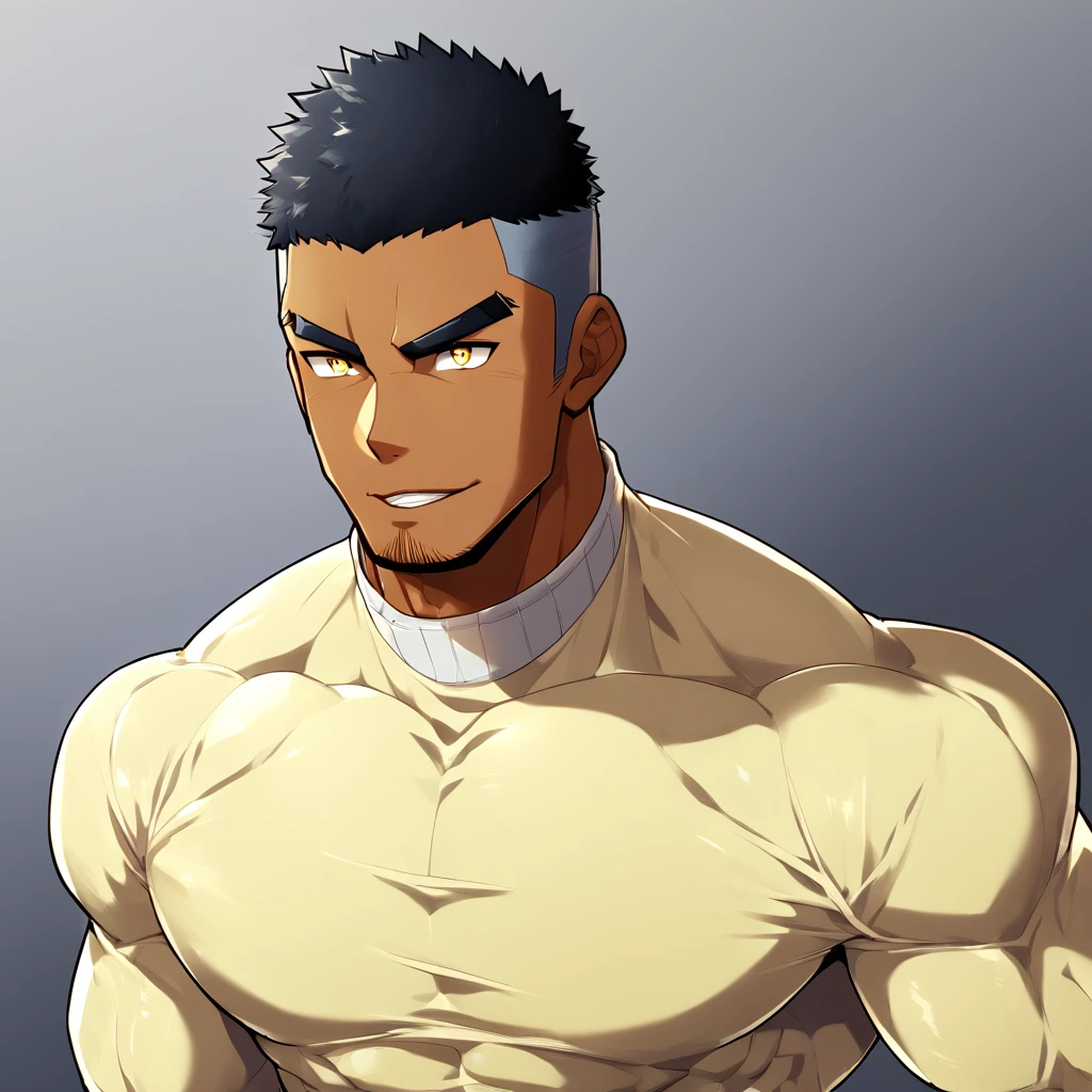 anime characters:Gyee, Muscle Sports Student, negro black skin, 1 dark skin muscular tough guy, Manliness, male focus, Light yellow high collar long sleeve tight T-shirt, Slightly transparent material, Very tight, Round, full and perky chest muscles, Slightly transparent, muscular male, muscular, only, Upper body, alone, Black short hair, Thick eyebrows, stubble, Yellow eyes, Grey background, simple background, amazing quality, best aesthetics, Ridiculous, bright pupils, crew cut, parted lips, seductive smile, torogao, naughty face, drop shadow, best quality
