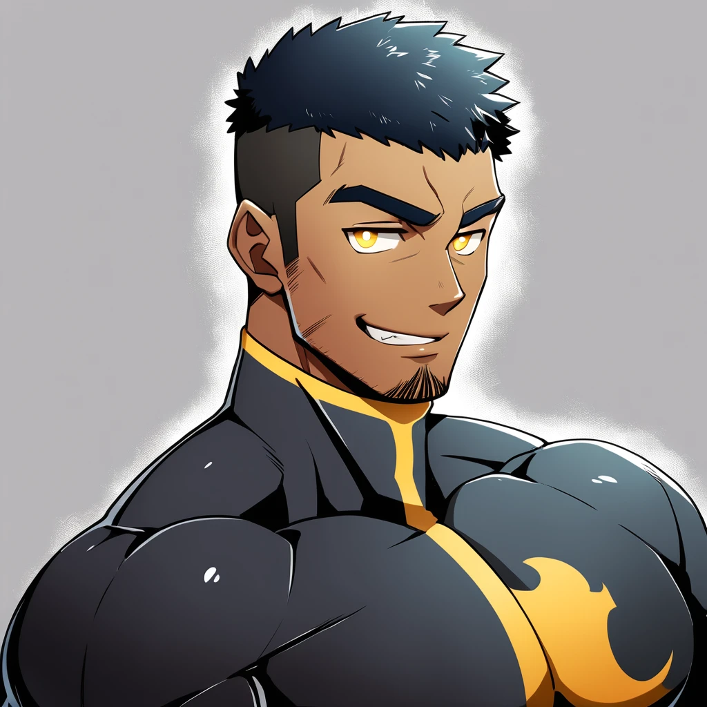 anime characters：Gyee, Muscle Sports Student, negro black skin, 1 dark skin muscular tough guy, Manliness, male focus, Dark grey high collar long sleeve wetsuit, Matte texture, Very tight, Round, full and perky chest muscles, Slightly transparent, muscular male, muscular, only, Upper body, alone, Black short hair, Thick eyebrows, stubble, Yellow eyes, Grey background, simple background, amazing quality, best aesthetics, Ridiculous, bright pupils, crew cut, parted lips, seductive smile, torogao, naughty face,  best quality