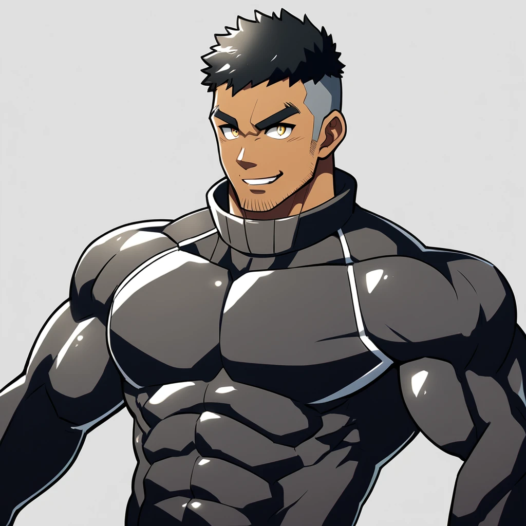 anime characters:Gyee, Muscle Sports Student, negro black skin, 1 dark skin muscular tough guy, Manliness, male focus, Dark grey high collar long sleeve wetsuit, Matte texture, Very tight, Round, full and perky chest muscles, Slightly transparent, muscular male, muscular, only, Upper body, alone, Black short hair, Thick eyebrows, stubble, Yellow eyes, Grey background, simple background, amazing quality, best aesthetics, Ridiculous, bright pupils, crew cut, parted lips, seductive smile, torogao, naughty face, best quality