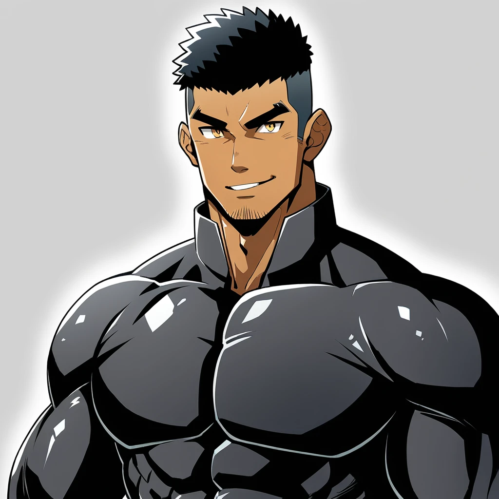 anime characters:Gyee, Muscle Sports Student, negro black skin, 1 dark skin muscular tough guy, Manliness, male focus, Dark grey high collar long sleeve wetsuit, Matte texture, Very tight, Round, full and perky chest muscles, Slightly transparent, muscular male, muscular, only, Upper body, alone, Black short hair, Thick eyebrows, stubble, Yellow eyes, Grey background, simple background, amazing quality, best aesthetics, Ridiculous, bright pupils, crew cut, parted lips, seductive smile, torogao, naughty face, best quality