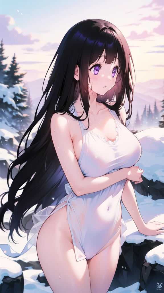 Chitanda,只有一个beautiful girl,Purple Eyes, Black Hair, Natural straight hair, Straight bangs,Extremely refined,open your lips,Face is so red,Very white skin,Skin as delicate as porcelain,Glowing skin,big eyes,Flowing long hair,beautiful girl, Like a dream,Slim,Slim waist,Soft, (Sensual), (Kawaii), Dream quality,Sweaty and sweaty,Wet skin,Side breasts,snowflake,Playing in the snow on the snow mountain,White transparent dress,Profile,(Completely naked),Gluteal groove,The outline of the breasts is visible through clothing,Completely naked的背部,nacked hip,very close,Deep V neckline,Loose neckline,Beautiful big breasts,No pants,nopan,no pants,Bare shoulders,There are no shoulder straps,Exposed collarbone,Delicate clavicle,Delicate hands and feet,Bare neck,There are no clothes around the neck,Bare thighs,Exposed groin,Camel toe,extremely shy,Ultra-high resolution, (masterpiece:1.2, best quality), (Delicate and beautiful eyes: 1.2), (Beautiful and delicate face)