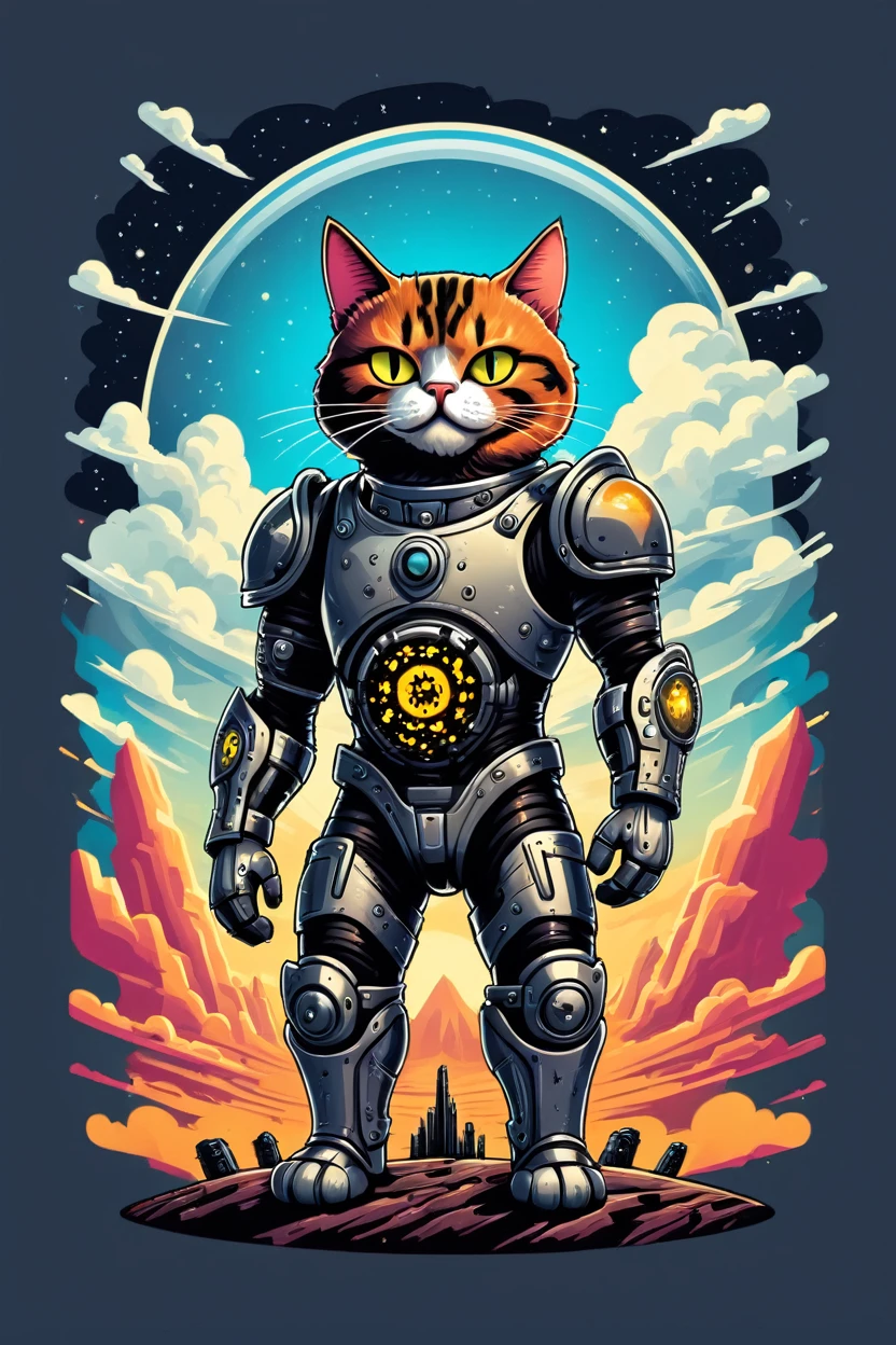 t shirt design, sticker, a cyborg cat and ferrofluid armor in a big sky in the style of thick layers of rhythms, trends on 500px,