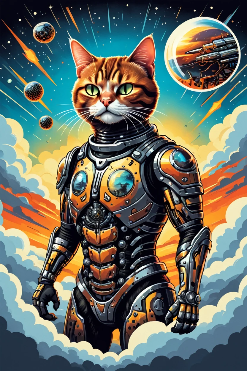 t shirt design, sticker, a cyborg cat and ferrofluid armor in a big sky in the style of thick layers of rhythms, trends on 500px,