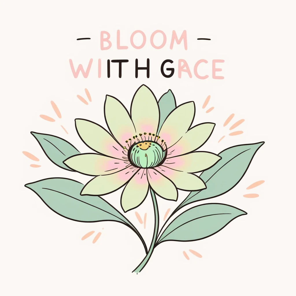 a doodle of a minimalist pastel-colored flower with petals opening wide. Text saying 'Bloom with Grace' - pastel hues of soft pink, light yellow, and gentle green