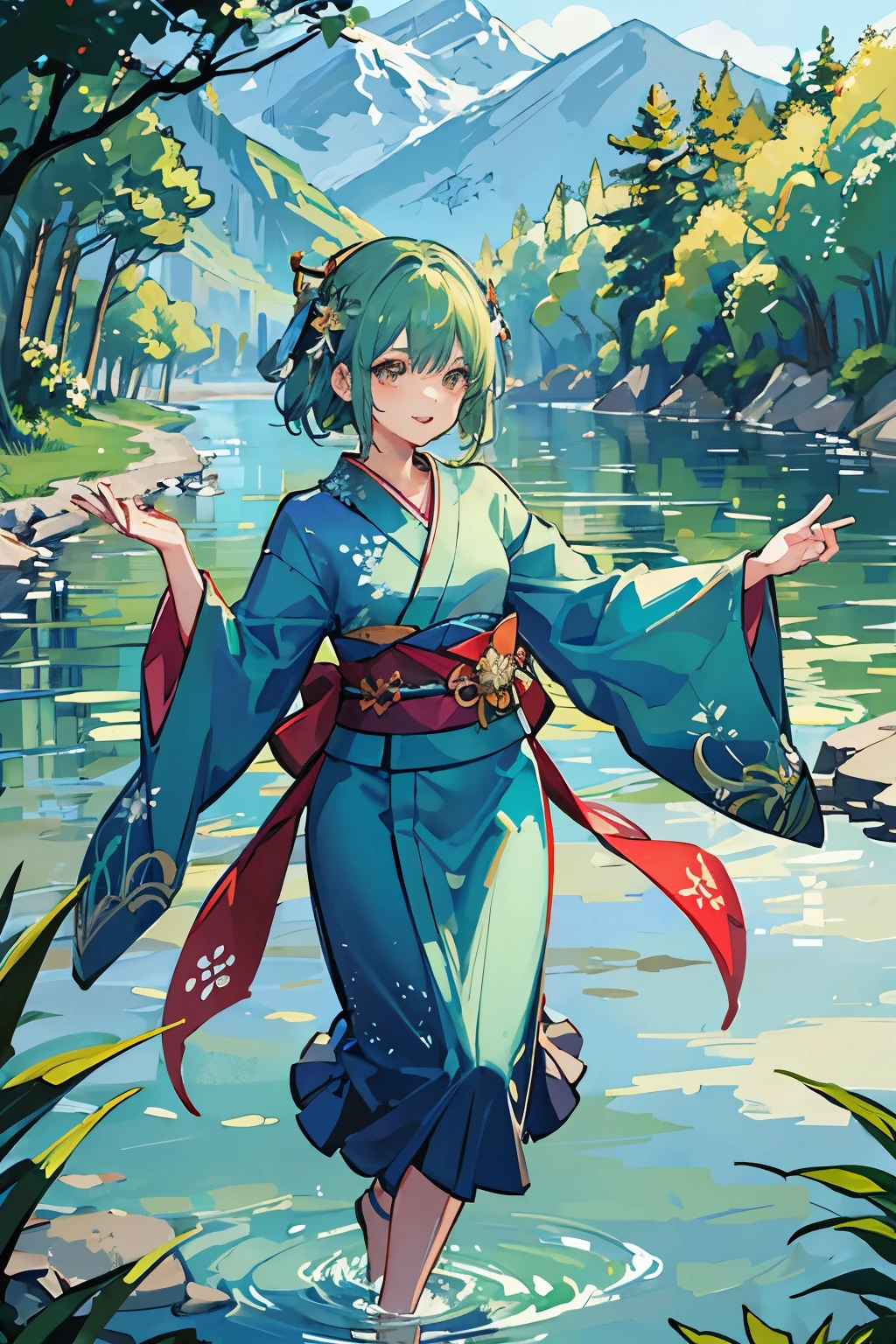 Green Hair、kimono、princess、water面、water、water滴、sacred、Gorgeous、Dancing