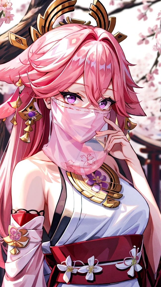 ((masterpiece, best quality)), (1girl),((mature female)), animal ears, bare shoulders, blush, breasts, cherry blossoms, closed mouth, detached sleeves, earrings, fingernails, flower, fox ears, gem, hair between eyes, hair ornament, hand up, japanese clothes, jewelry, kimono, long hair, looking at viewer, medium breasts, miko, nontraditional miko, pink eyes, pink flower, pink hair, purple gemstone, short kimono, sidelocks, standing, yea miko \(genshin impact\), wearing face veil, (white face veil, face mask fit his face:1.2),