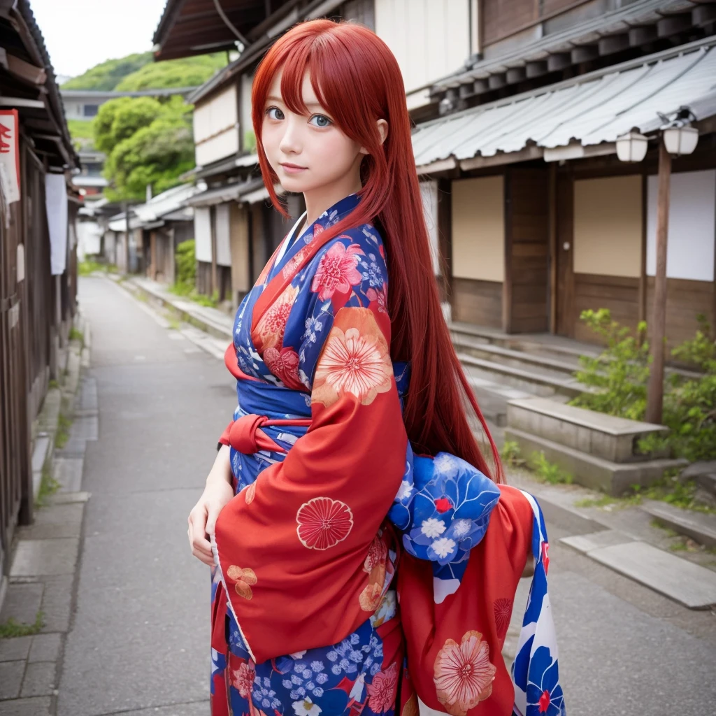 yukataを着た女の子,Red Hair,blue eyes、Long hair down to the waist,yukata,beautiful,cute、