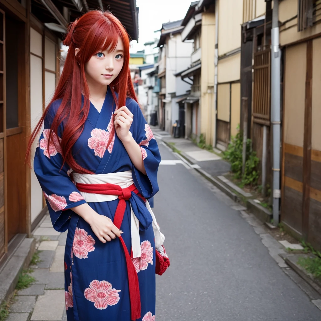 yukataを着た女の子,Red Hair,blue eyes、Long hair down to the waist,yukata,beautiful,cute、