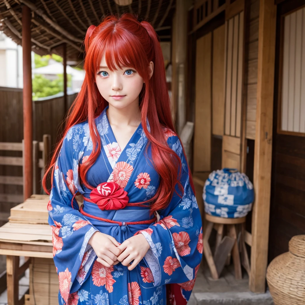 yukataを着た女の子,Red Hair,blue eyes、Long hair down to the waist,yukata,beautiful,cute、