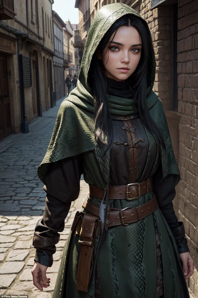 ((best quality)), ((masterpiece)), (detailed), ((normal anatomy)), beautiful eye detail, perfect face, high detail, charismatic, full body, realistic, cinematic lighting, defined body, super detail, high realism, medieval fantasy setting, a pretty young snake-girl hybrid in street urchin clothes, dirty soot covered face, large green nictating eyes with vertical pupils, long black hair under a brown hood, standing outdoors in a medieval city, hint of green snake scales at her jawline