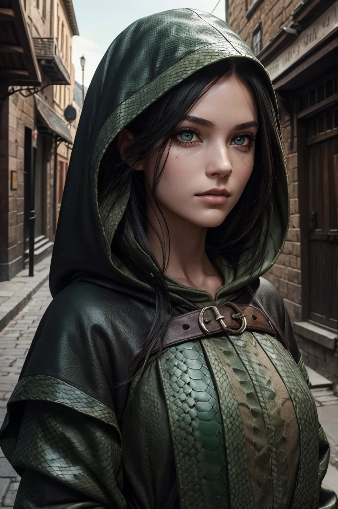 ((best quality)), ((masterpiece)), (detailed), ((normal ???????)), beautiful eye detail, perfect face, high detail, charismatic, full body, realistic, cinematic lighting, defined body, super detail, high realism, medieval fantasy setting, a pretty young snake-girl hybrid in street urchin clothes, dirty soot covered face, large green nictating eyes with vertical pupils, long black hair under a brown hood, standing outdoors in a medieval city, hint of green snake scales at her jawline