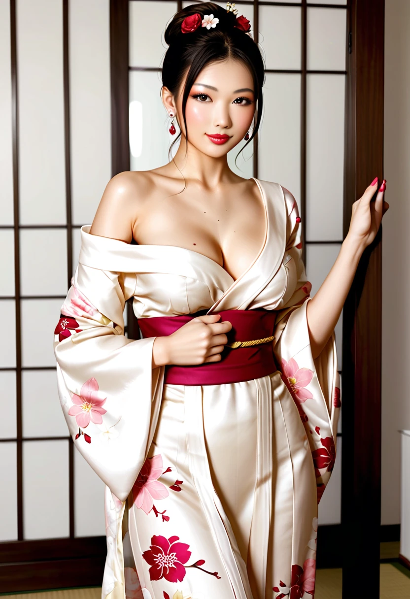 there is a woman Wearing Kimono dress posing for a picture, glamorous and sexy geisha, Wearing Kimono, Wearing Kimono, Japanese goddess, elegant Japanese woman, Organic Seductive Geisha, Wearing a Kimono, Beautiful geisha, Japanese model, Beautiful oriental woman, Beautiful fox geisha, Japanese woman, Japanese, Wearing a silk robe