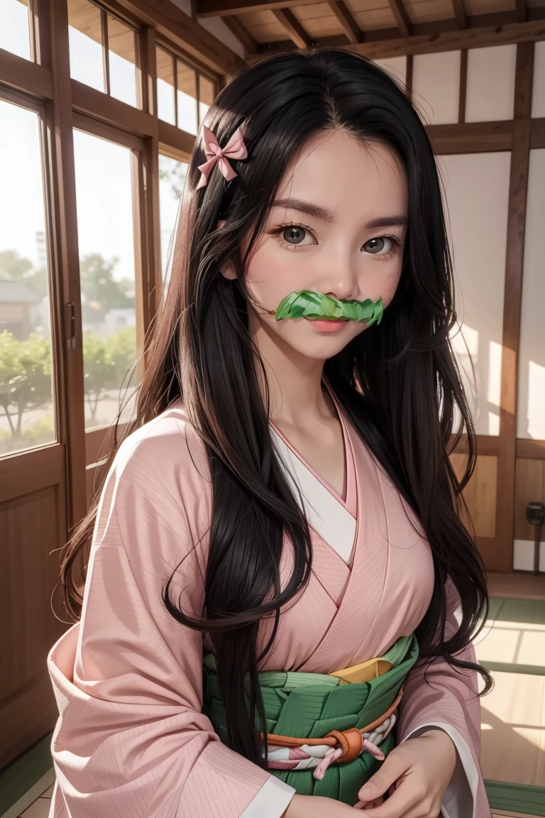nezukokamado, nezuko kamado, bamboo, (bit gag:1.5), black hair, (forehead:1.5), gag, gagged, hair ribbon, long hair, multicolored hair, (pink eyes:1.5), orange hair, slit pupils, wavy hair, two-tone hair,
BREAK asa no ha (pattern), checkered sash, haori, japanese clothes, kimono, long sleeves, obi, pink kimono, sash, wariza,  wide sleeves,
BREAK looking at viewer,
BREAK indoors,
BREAK (masterpiece:1.2), best quality, high resolution, unity 8k wallpaper, (illustration:0.8), (beautiful detailed eyes:1.6), extremely detailed face, perfect lighting, extremely detailed CG, (perfect hands, perfect anatomy),