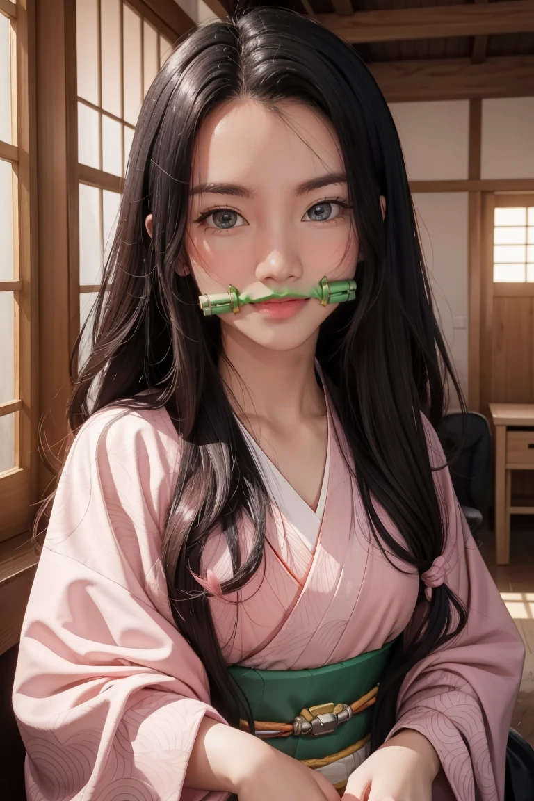 nezukokamado, nezuko kamado, bamboo, (bit gag:1.5), black hair, (forehead:1.5), gag, gagged, hair ribbon, long hair, multicolored hair, (pink eyes:1.5), orange hair, slit pupils, wavy hair, two-tone hair,
BREAK asa no ha (pattern), checkered sash, haori, japanese clothes, kimono, long sleeves, obi, pink kimono, sash, wariza, wide sleeves,
BREAK looking at viewer,
BREAK indoors,
BREAK (masterpiece:1.2), best quality, high resolution, unity 8k wallpaper, (illustration:0.8), (beautiful detailed eyes:1.6), extremely detailed face, perfect lighting, extremely detailed CG, (perfect hands, perfect anatomy),