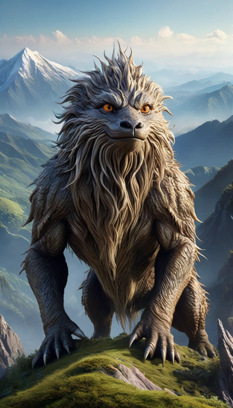 Panoramic front view,There is a creature on the mountain,Human-like appearance,Full of hair(best quality,4K,8K,High level,masterpiece:1.2),Ultra Detailed,(lifelike,Photo real,Photo real:1.37),Highly detailed animals,Complex patterns,Realistic lighting,Fantasy Creatures