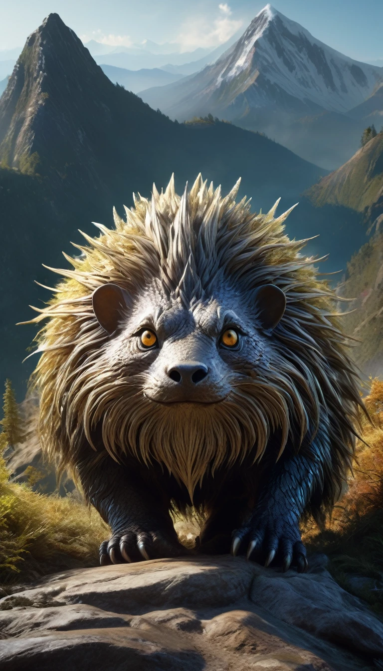 Panoramic front view，There is a creature on the mountain，Human-like appearance，Full of hair（best quality，4K，8K，High level，masterpiece：1.2），Ultra Detailed，（lifelike，Photo real，Photo real：1.37），Highly detailed animals，Complex patterns，Realistic lighting，Fantasy Creatures