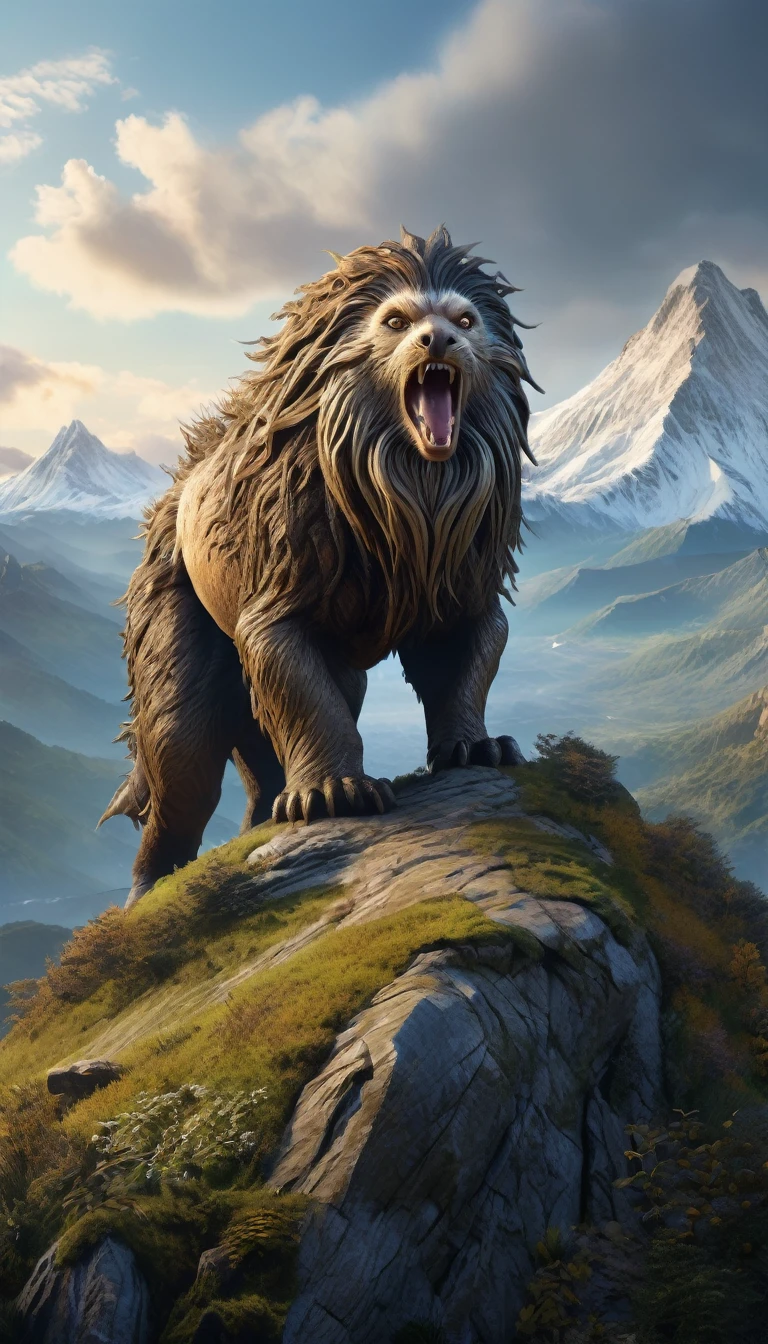 Panoramic front view,There is a creature on the mountain,Human-like appearance,Full of hair(best quality,4K,8K,High level,masterpiece:1.2),Ultra Detailed,(lifelike,Photo real,Photo real:1.37),Highly detailed animals,Complex patterns,Realistic lighting,Fantasy Creatures