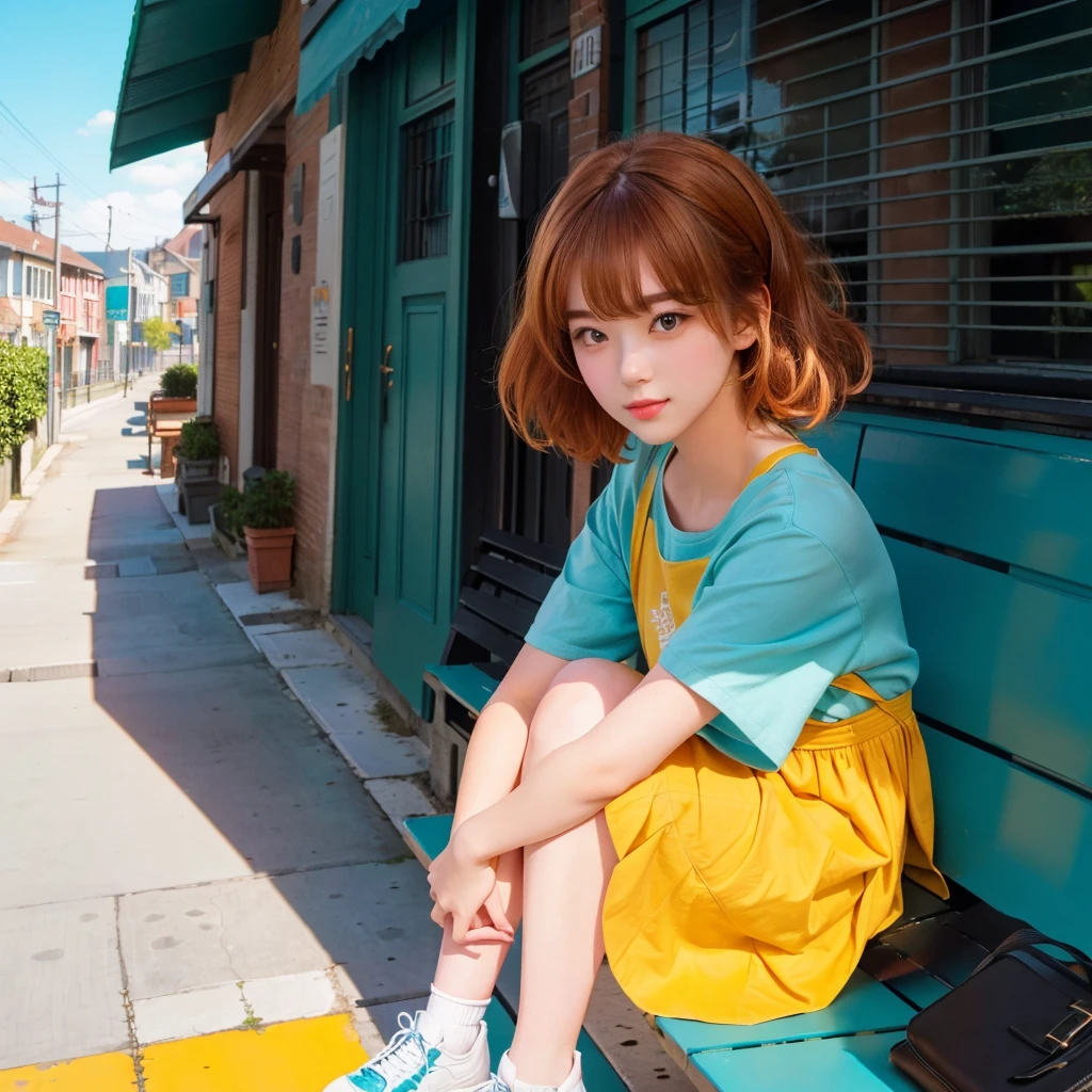 cute girl sitting on a bench in front of a building, style 4 k, style. 8k, lofi girl, realistic