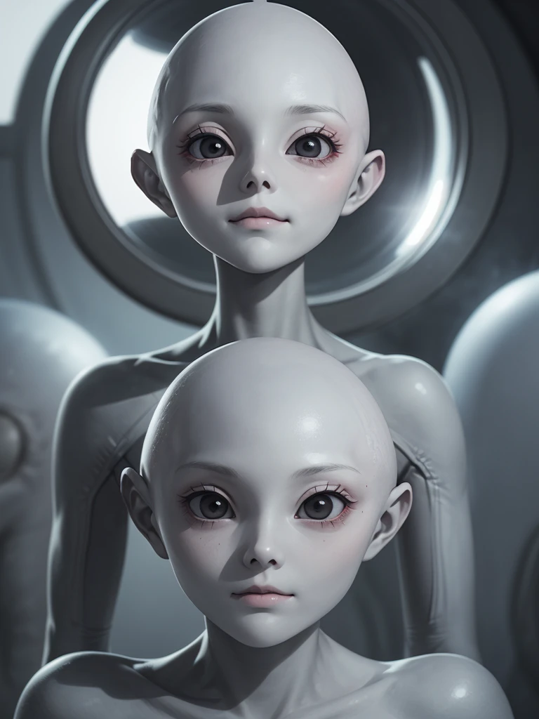 (((Masterpiece))), (high quality),(one alien girl:1.2), 15 years old,(innocent smile),(big light black eyes:1.5),5 heads,(Skinhead,Gray aliens,Large, dark, almond-shaped eyes,:1.5),(No hair, no whites, no ears:1.5),Wearing a silver body-fitting suit,Plain background,from below