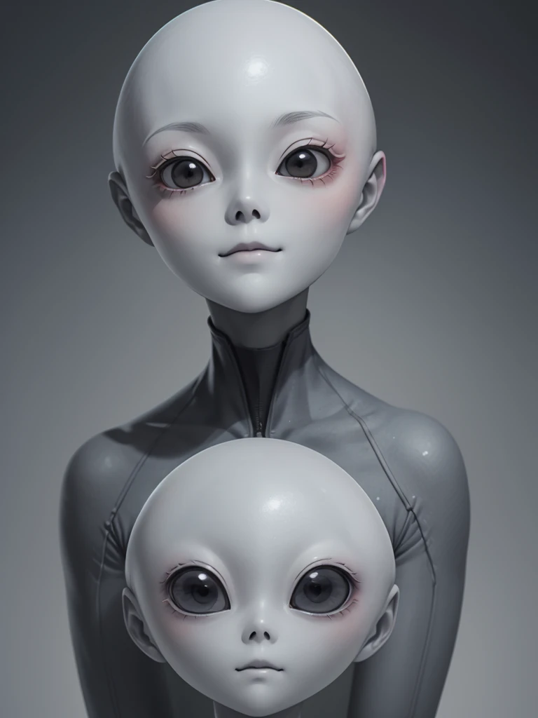 (((Masterpiece))), (high quality),(one alien girl:1.2), 15 years old,(innocent smile),(big light black eyes:1.5),5 heads,(Skinhead,Gray aliens,Large, dark, almond-shaped eyes,:1.5),(No hair, no whites, no ears:1.5),Wearing a silver body-fitting suit,Plain background,from below