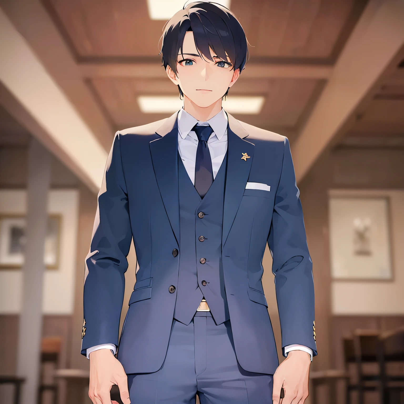 (looking away:1.5), upper body、shiny skin、masterpiece、Highest quality、(25-year-old male:1.5) and (Brown short hair) and (Green Eyes), (Wearing a suit:1.3) and (Blue tie)、Are standing、smile、Background: Company、(Alone:1.5)、