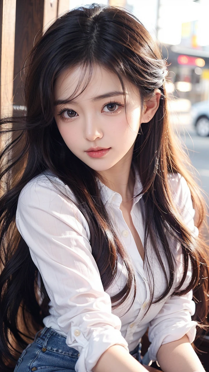 Beautiful Japanese waifu, early 30s, brunette hair, white blouse, jeans