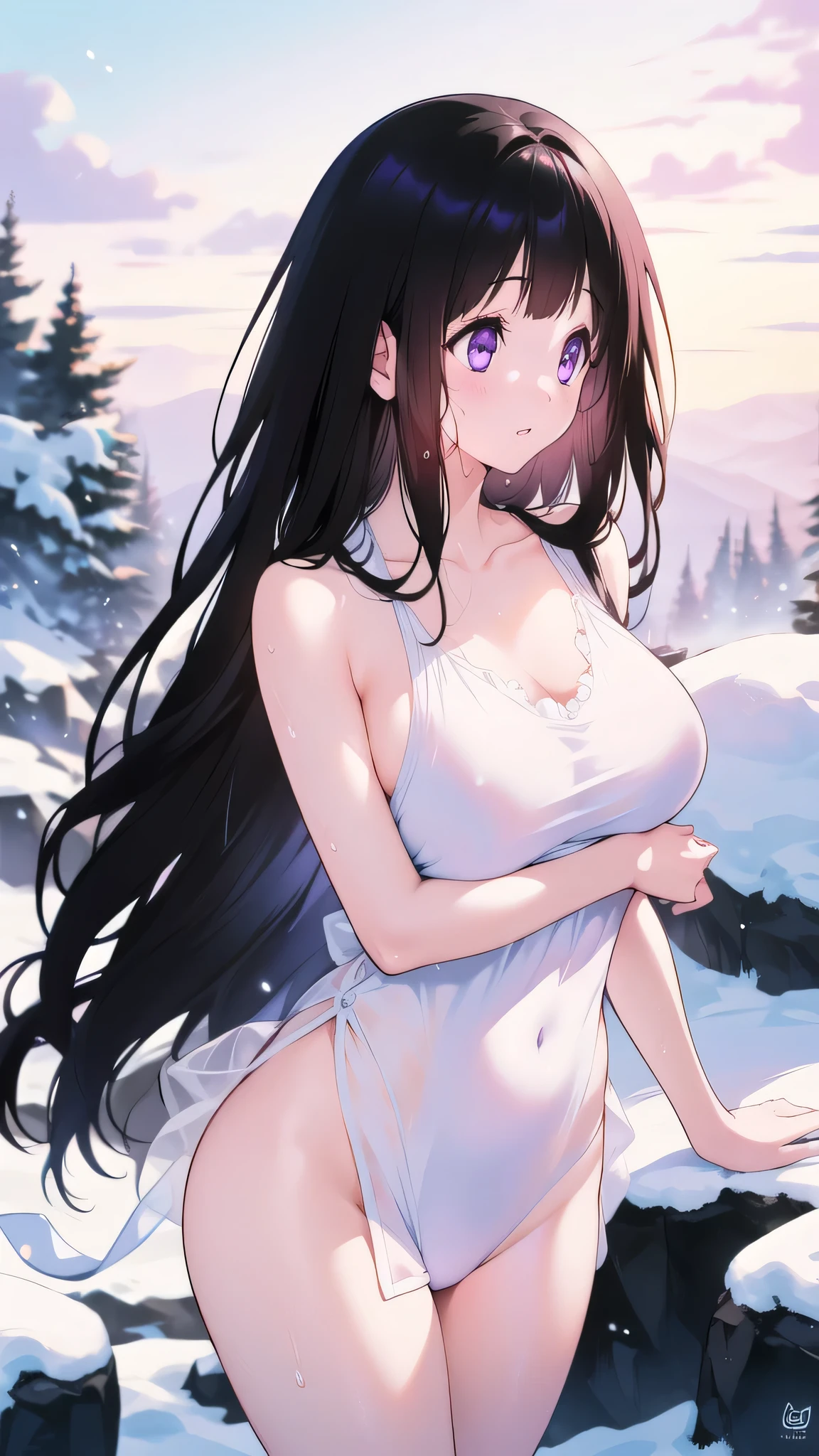 Chitanda,There is only one beautiful girl,Purple Eyes, Black Hair, Natural straight hair, Straight bangs,Extremely refined,open your lips,Face is so red,Very white skin,Skin as delicate as porcelain,Glowing skin,big eyes,Flowing long hair,beautiful girl, Like a dream,Slim,Slim waist,soft, (sensuous), (Kawaii), Dream quality,Sweaty and sweaty,Wet skin,Side breasts,snowflake,Playing in the snow on the snow mountain,White transparent dress,Profile,(Completely naked),Gluteal groove,The outline of the breasts is visible through clothing,Completely naked back,nacked hip,very close,Deep V neckline,Loose neckline,Beautiful big breasts,No pants,nopan,no pants,Bare shoulders,There are no shoulder straps,Exposed collarbone,Delicate clavicle,Delicate hands and feet,Bare neck,There are no clothes around the neck,Bare thighs,Exposed groin,Camel toe,extremely shy,Ultra-high resolution, (masterpiece:1.2, best quality), (Delicate and beautiful eyes: 1.2), (Beautiful and delicate face)