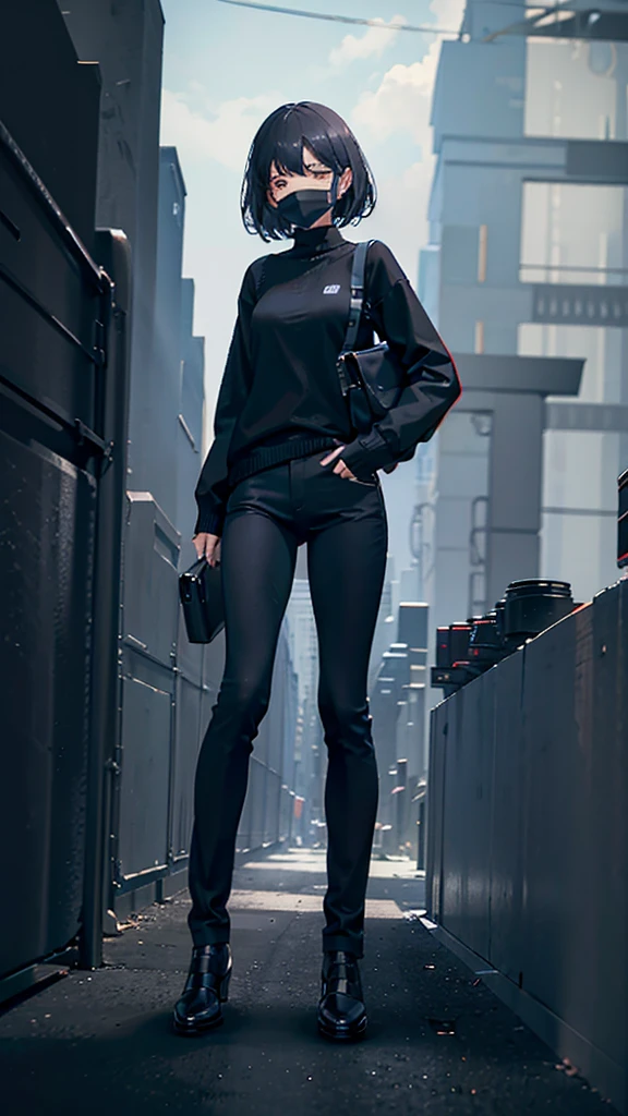 A total darkness mask black sweater black pants and black shoes, Physicist:strong 