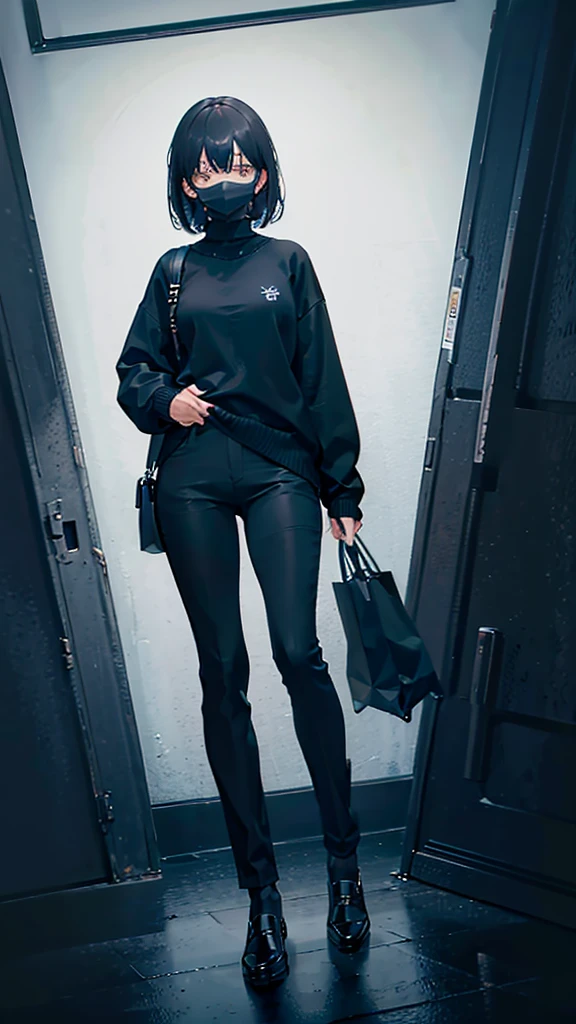 A total darkness mask black sweater black pants and black shoes, Physicist:strong