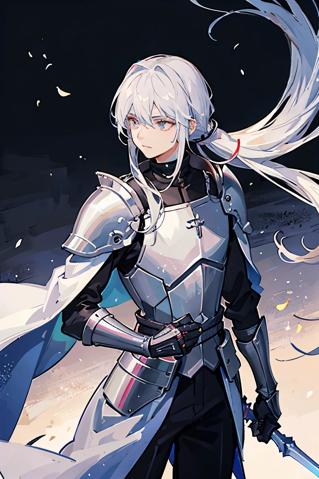 A knight around 25 years old wearing silver armor and a swordsman with long silver hair tied in a ponytail.
