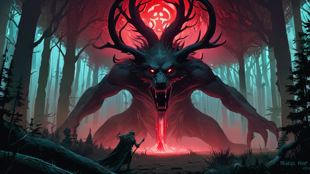 Visualize a scene in a dark medieval fantasy setting where a lycan werewolf with crimson eyes and an alien-like body is feasting in a dense bush. The bush is surrounded by bones scattered across the forest floor, remnants of previous meals.

The lycan werewolf's appearance is a blend of traditional werewolf features and alien characteristics: its fur is a mix of earthy tones and hints of otherworldly shimmer, its limbs elongated and sinewy like those of a predator from beyond the stars. Its eyes glow with an intense red hue, piercing through the shadows cast by ancient trees.

The forest itself is bathed in an eerie, moonlit glow, casting long, sinister shadows that dance around the creature as it devours its prey. The atmosphere is filled with a sense of primal savagery and ominous mystery, capturing the essence of a creature that exists at the intersection of medieval folklore and extraterrestrial menace.