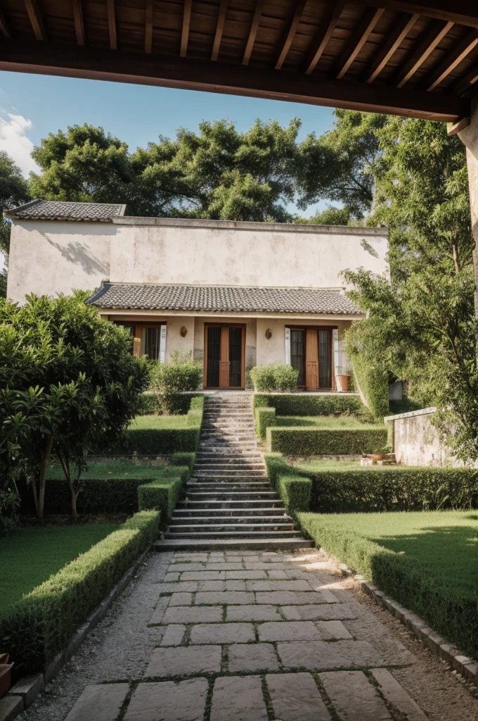 Image extérieure d'une maison rurale moderne au Vietnam, avec toit en pente, ((pierre)), éléments vietnamiens traditionnels, cour spacieuse. Disposez des parterres de fleurs, des coins thé et des bananiers, dans une atmosphère calme d'après-midi remplie de soleil réaliste au coucher du soleil, prenez des photos, utilisez un objectif grand angle sur un appareil photo professionnel pour capturer l'authenticité de la scène, image RAW (peau très détaillée) . :1.2), 8k UHD, DSLR, lumière douce, haute qualité