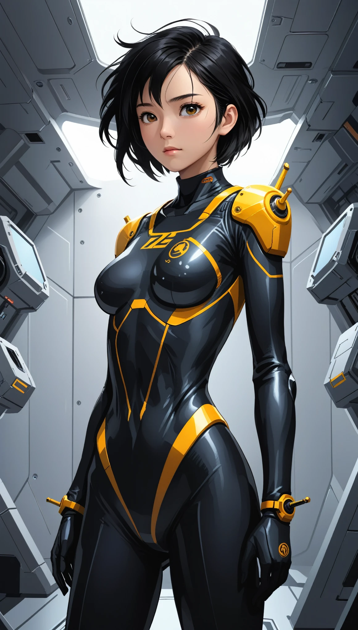 1 Girl、Medium Bust、solo、Black Hair、Braid、Mobile Race Suit、Shoulder Armor、ceiling、Wide Shot、Looking Ahead、Arms crossed、Closed Mouth、Highest quality、medium quality、22 years old、Mobile Trace System、cockpit、Asian、