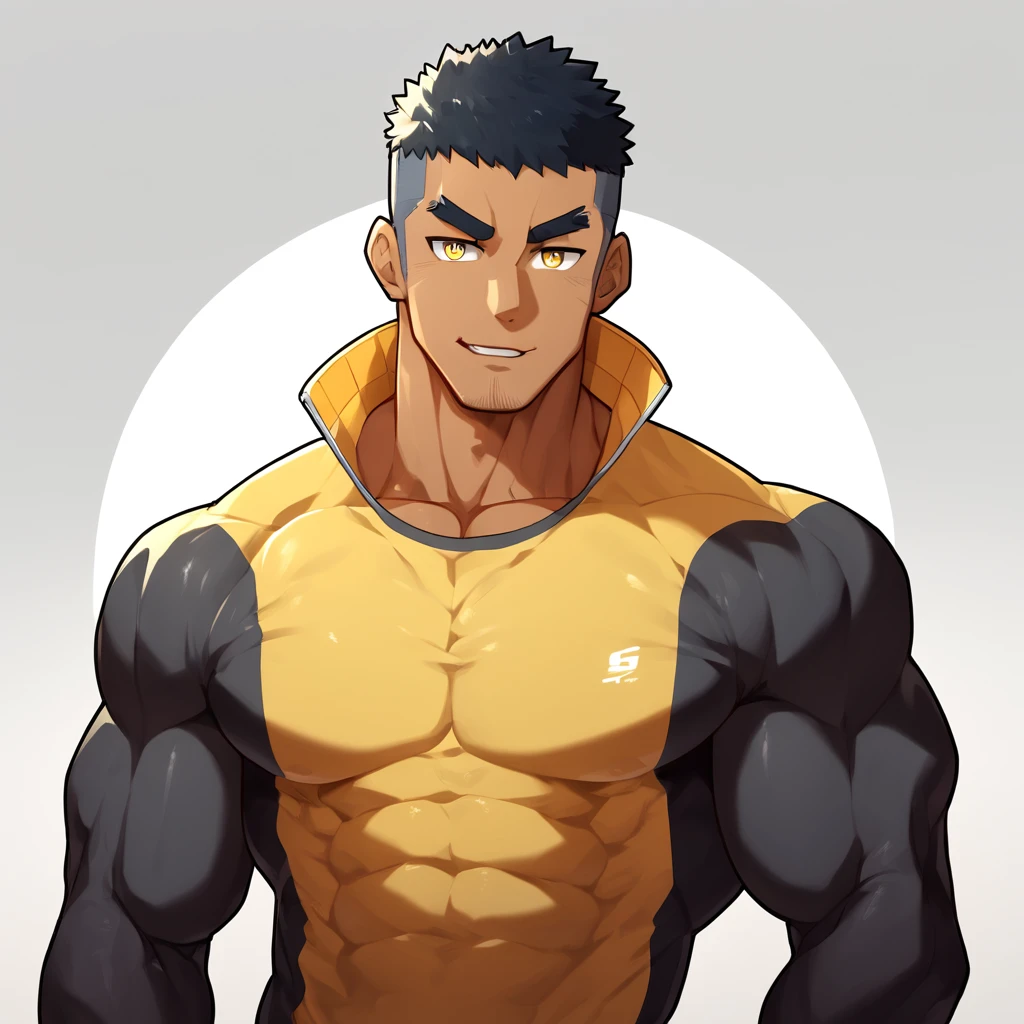 anime characters:Gyee, Muscle Sports Student, negro black skin, 1 dark skin muscular tough guy, Manliness, male focus, Light yellow high collar long sleeve tight T-shirt, Slightly transparent material, Very tight, Round, full and perky chest muscles, Slightly transparent, muscular male, muscular, only, Upper body, alone, Black short hair, Thick eyebrows, stubble, Yellow eyes, Grey background, simple background, amazing quality, best aesthetics, Ridiculous, bright pupils, crew cut, parted lips, seductive smile, torogao, naughty face, drop shadow, best quality